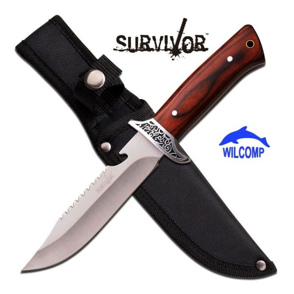 SURVIVOR Fixed-Blade Wood Handle Hunting Knife with Sheath HK-785