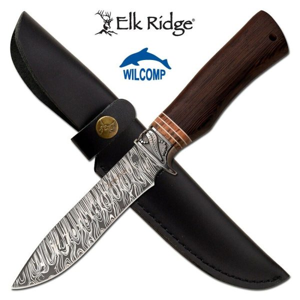 ELK RIDGE Damuscus Fixed Blade Hunting Knife with Leather Sheath ER-200-15RW