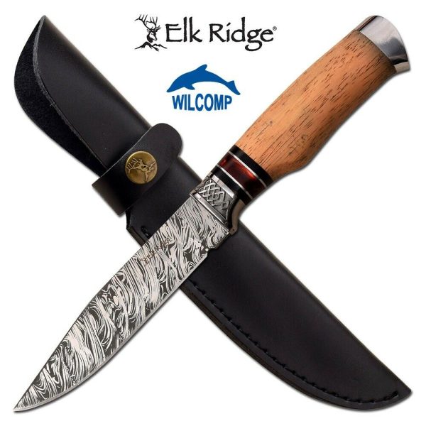 ELK RIDGE Damuscus Fixed Blade Hunting Knife with Leather Sheath ER-200-14MP