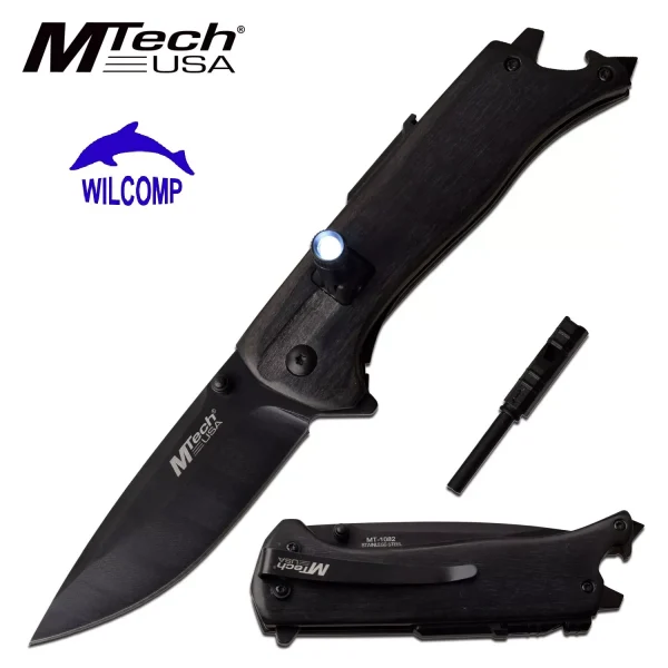 MTECH USA MT-1082BK MANUAL FOLDING KNIFE *Multi Tools: LED Light, Fire Start,…